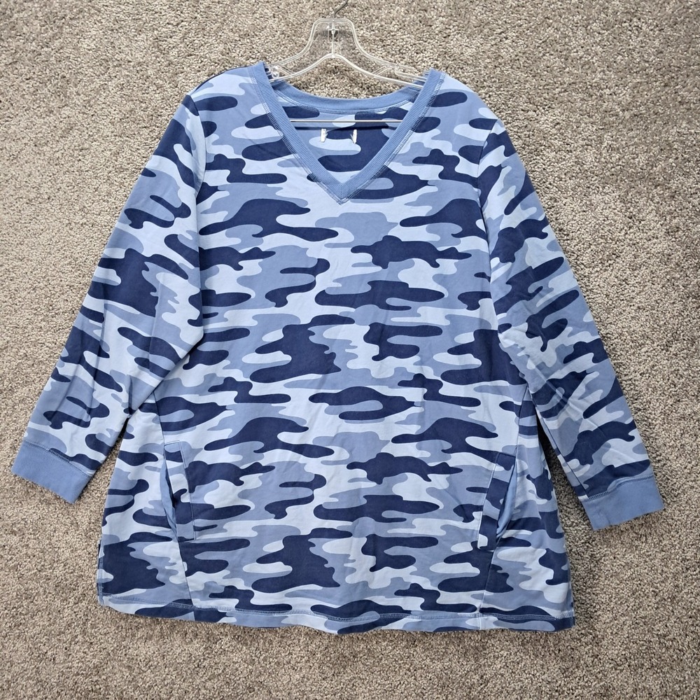 Unbranded Blue‎ Camouflage V-Neck Long Sleeve Tunic Top with Pockets Size XL